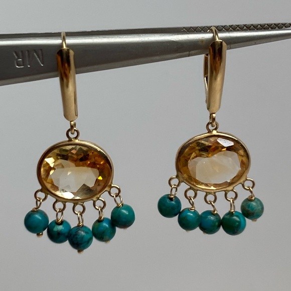14K Yellow Gold Bezel Citrine and Turquoise Bead Dangle Leverback Earrings